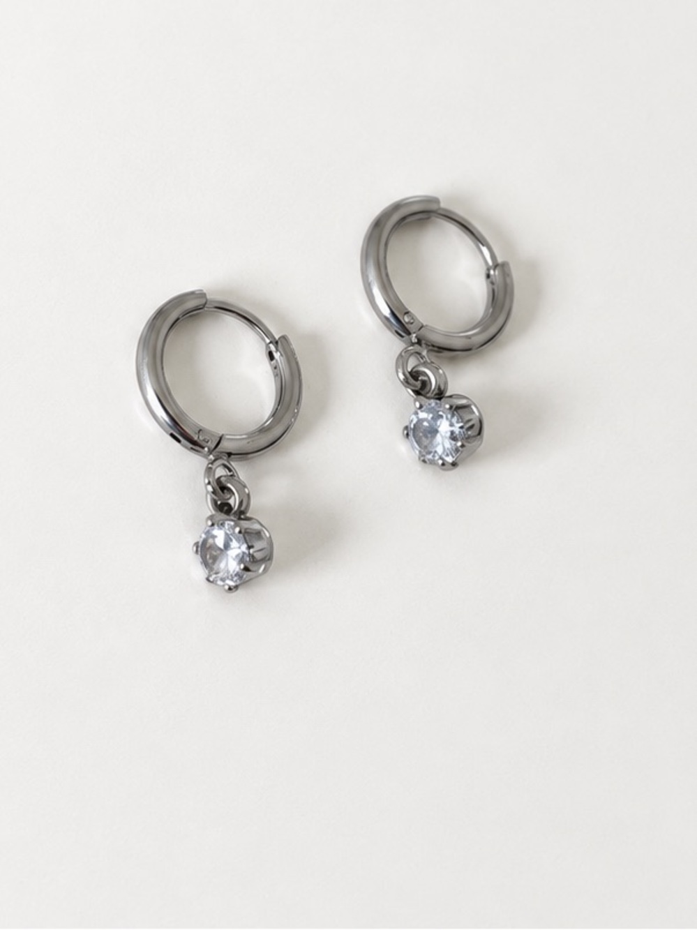 Silver Stainless Steel Huggie Hoop Earrings Clear Zirconia 8mm
